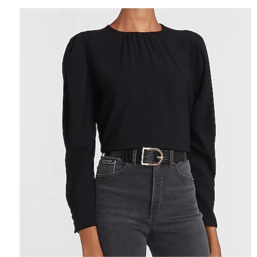 Express Pleated Puff Sleeve Black Top V-Back Long Sleeve Button Detail Cuff Sz S